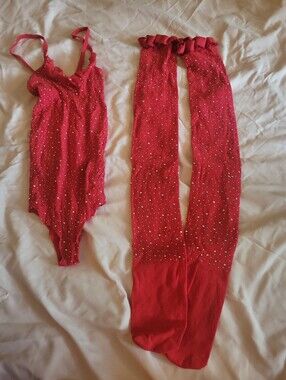 2-Piece Red Rhinestone Lingerie Set | Bodysuit + Matching Thigh High Stockings |